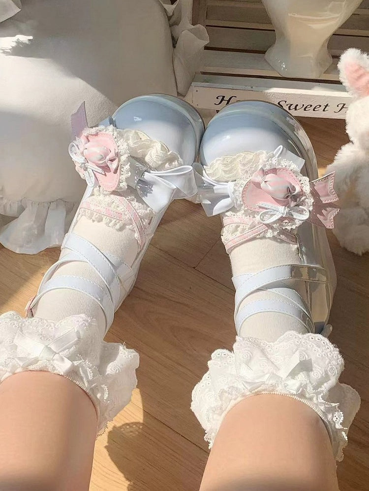 - Plateauschuhe mit Schleife und Süßigkeiten-Dekoration, süß, Lolita, blau, A-Schuh-Stil, Herz-Clip, rosa