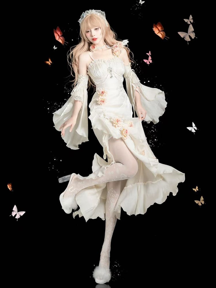 Mermaid Rosette Dress Evening with Detachable Flounce White Sleeves Gown