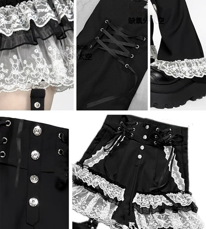 Lace Jirai Black/White/BlackWhite Warmers and with Waist Y2K Shorts: Kei Trim in Tiered Leg Detachable Lace-Up