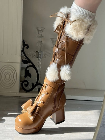 Light in Zip/Buckle Mid-heel with Boots Winter Boot Lolita PU Elegant Collar Brown Plush Details Ornate Lace