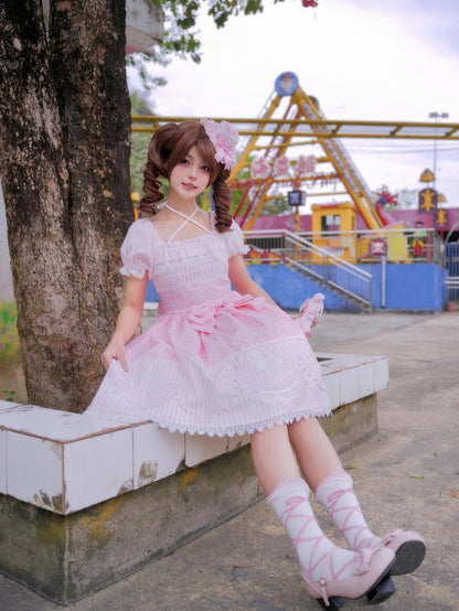 Print Polka Short Pattern Dots Pudel Pink Gestreifte Lolita-Ärmel mit Kleidschleife und Aufnäher