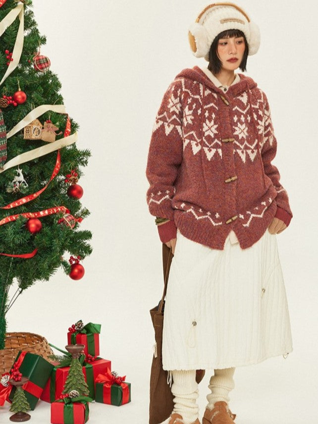 Button Drawstring Pattern Sweater - Toggle Retro Vintage Hood Accents