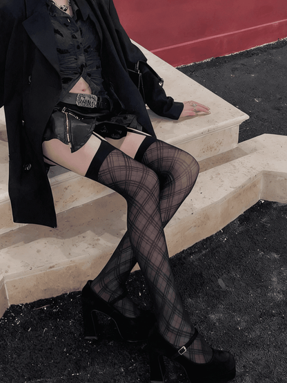 Black/White Plaid Pattern Suspender Tights