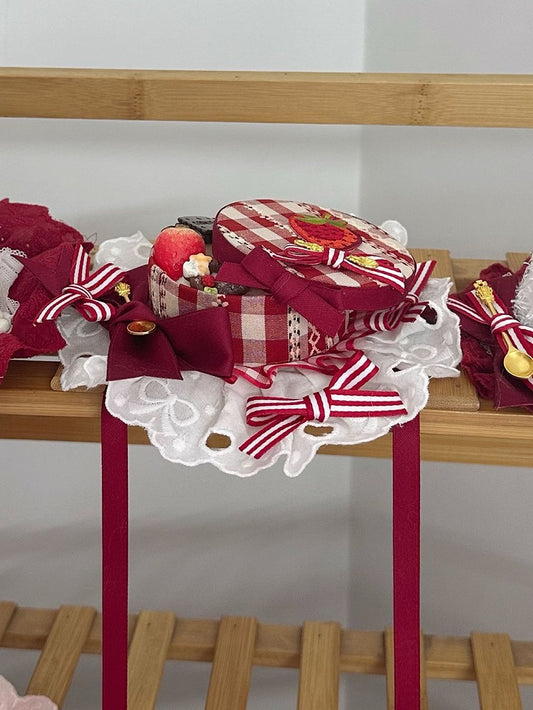 with Candy Hat and Bow Embroidery Strawberry Red Box Lolita Striped Mini White