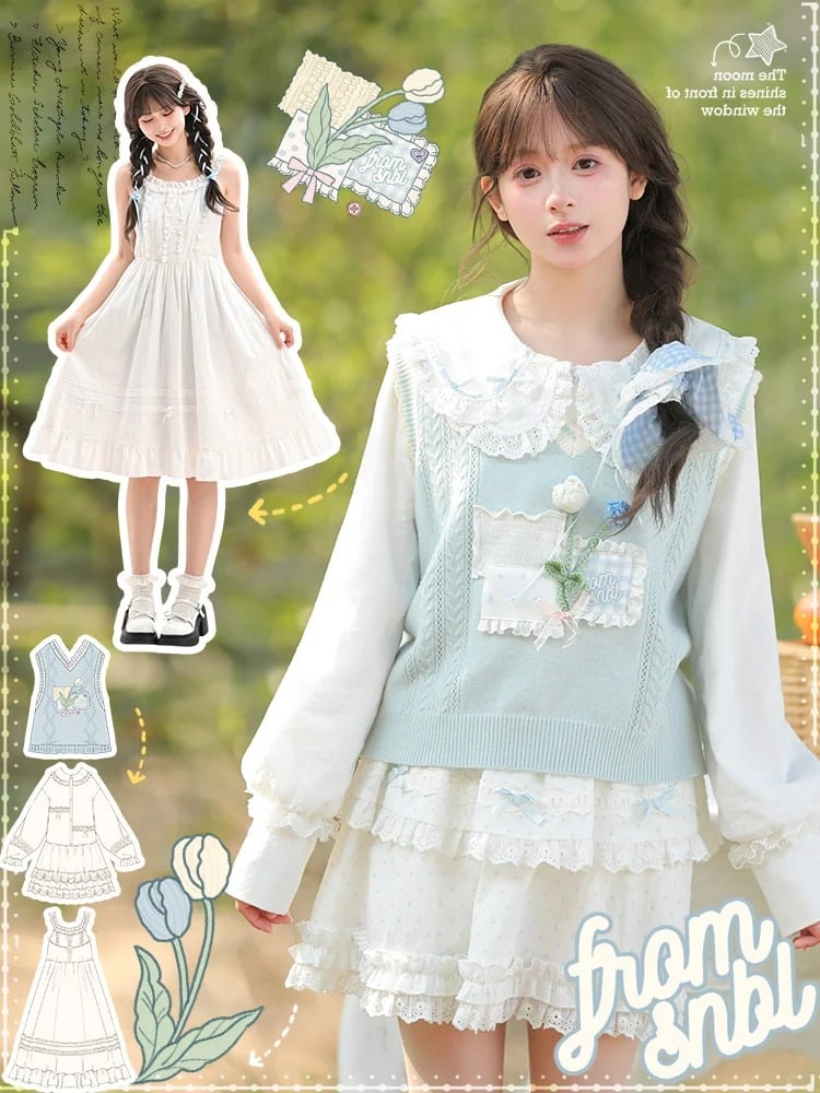Yume Kawaii Floral Embellished Lace Patches Blue Knitted Vest