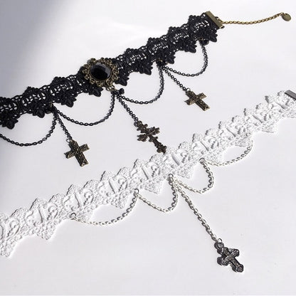 Pendants with Black/White Gothic Antique Lace Cross Choker