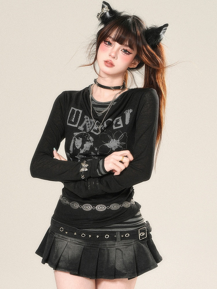 Drucken Sie Buchstaben lange schwarze Ärmel und bittersüßes Top Cartoon