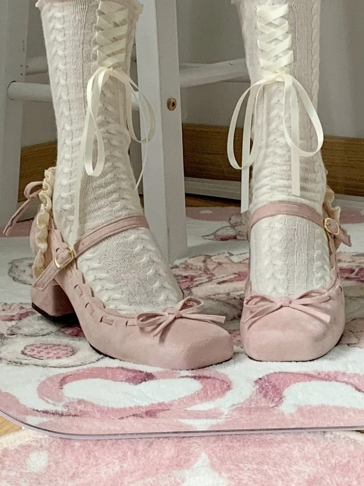 Mid - Toe Bow Lolita Pink Elegant for Square Heel Mary Janes Accent with