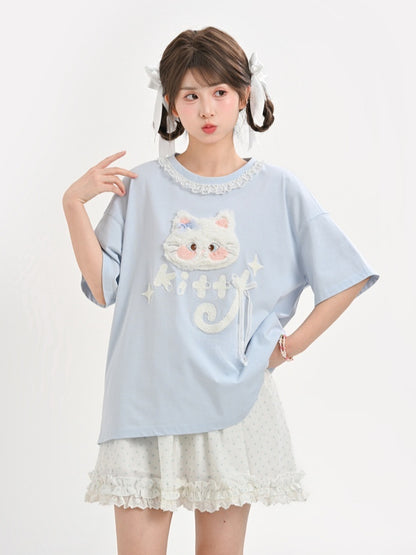 ロング/ショート ラウンドネック プラッシュバージョン ブルー Tシャツ 猫アップリケ
