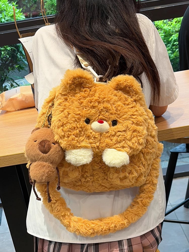 Dunkelgelber süßer Bären-Plüsch-Rucksack mit Klappe, mittlere/große Größe
