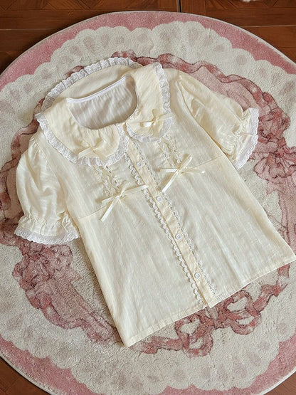 Beige Sweet Peter Pan Collar Short Sleeve Cotton Blouse Lolita - Jelly Girl