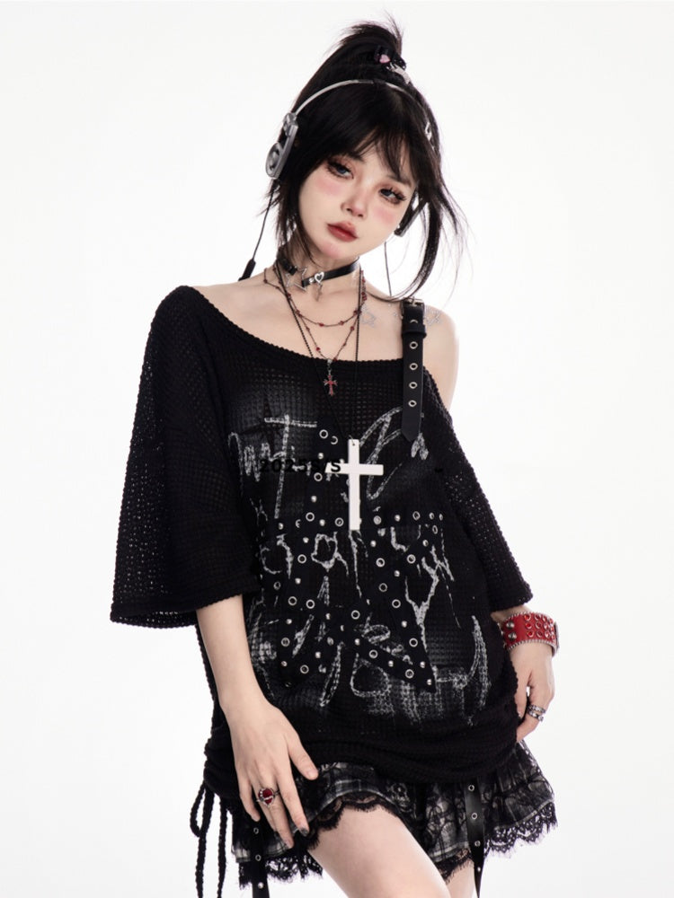 Y2K Schwarzes, asymmetrisches T-Shirt mit Sternträgern und Bittersüß