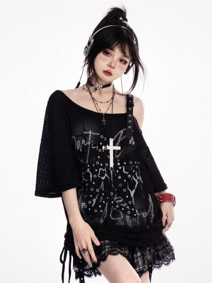 Y2K Schwarzes, asymmetrisches T-Shirt mit Sternträgern und Bittersüß