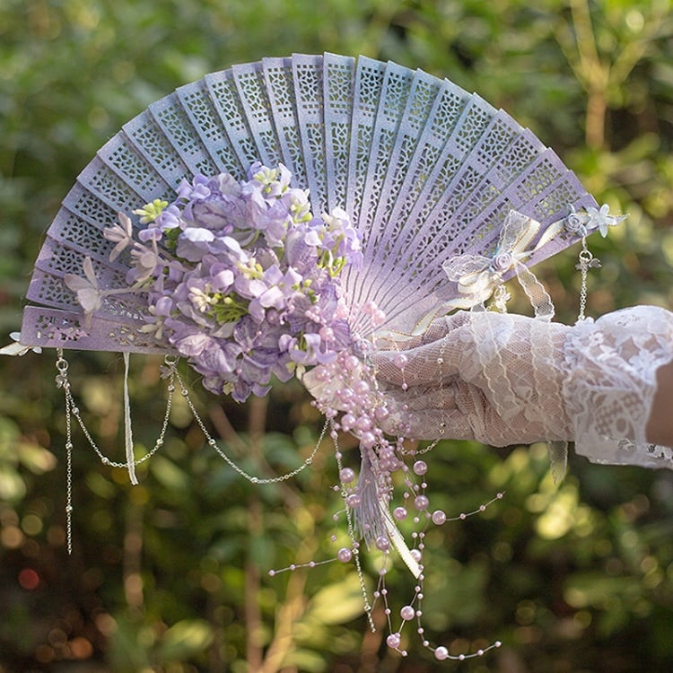 Charm Faltbarer Perlenfächer, Blumenmuster, Lila/Grün/Rosa/Gelb