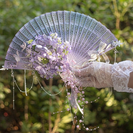 Charm Faltbarer Perlenfächer, Blumenmuster, Lila/Grün/Rosa/Gelb