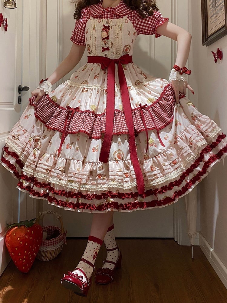 with Sweet Print Red Gingham and Dress Strawberry Ruffle Layers Lolita