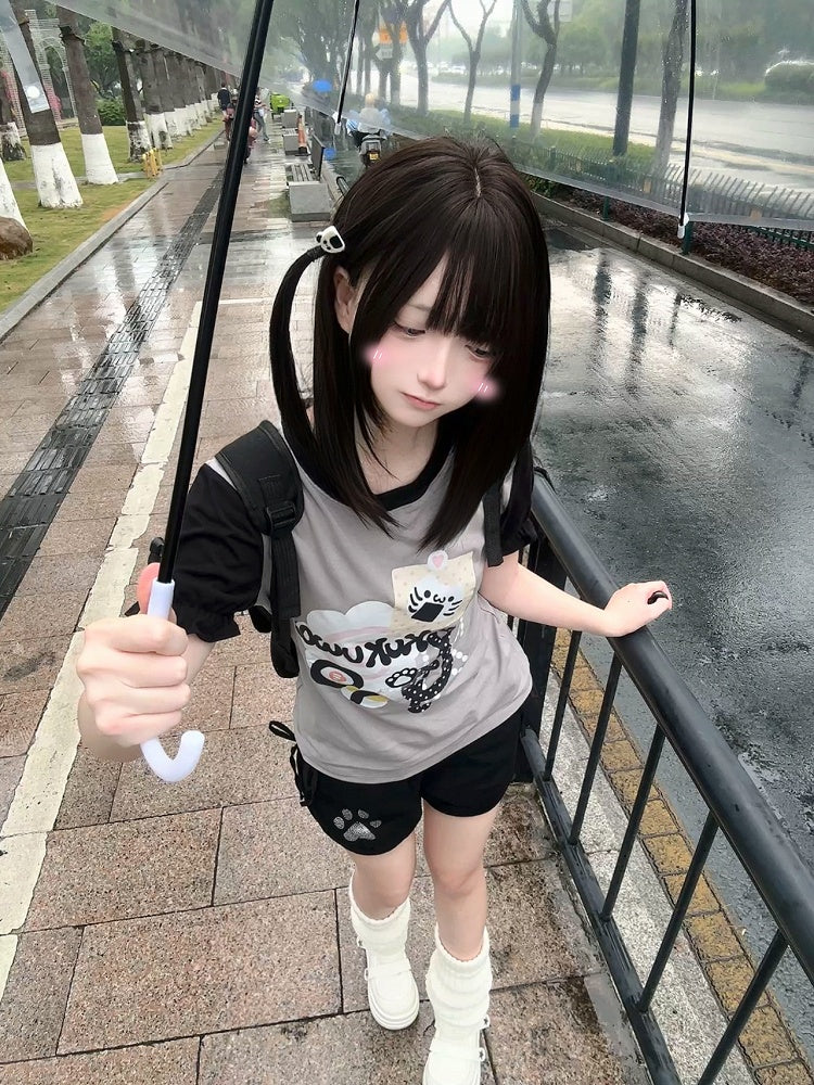 Polka Dot Kawaii Print T-Shirt Wear Kitten Gray Black Design and Colorblock Daily -