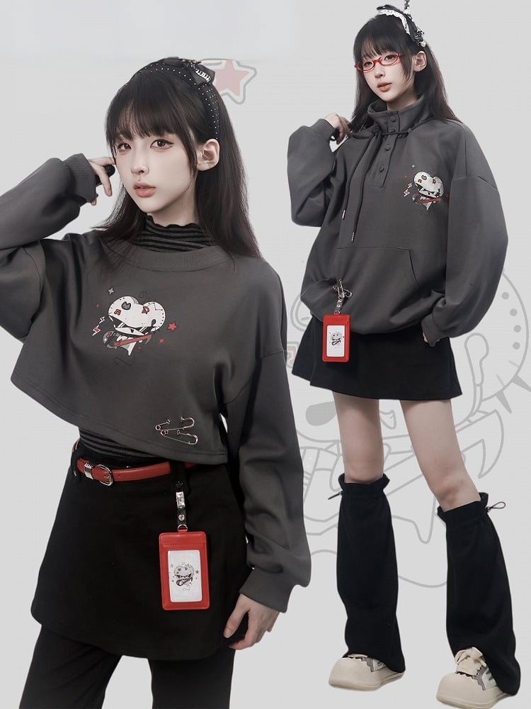 Crew Neck Cropped Sweatshirt in Gray with Cartoon Mouse Print and Safety Pin Detail - PINK SAVIOR