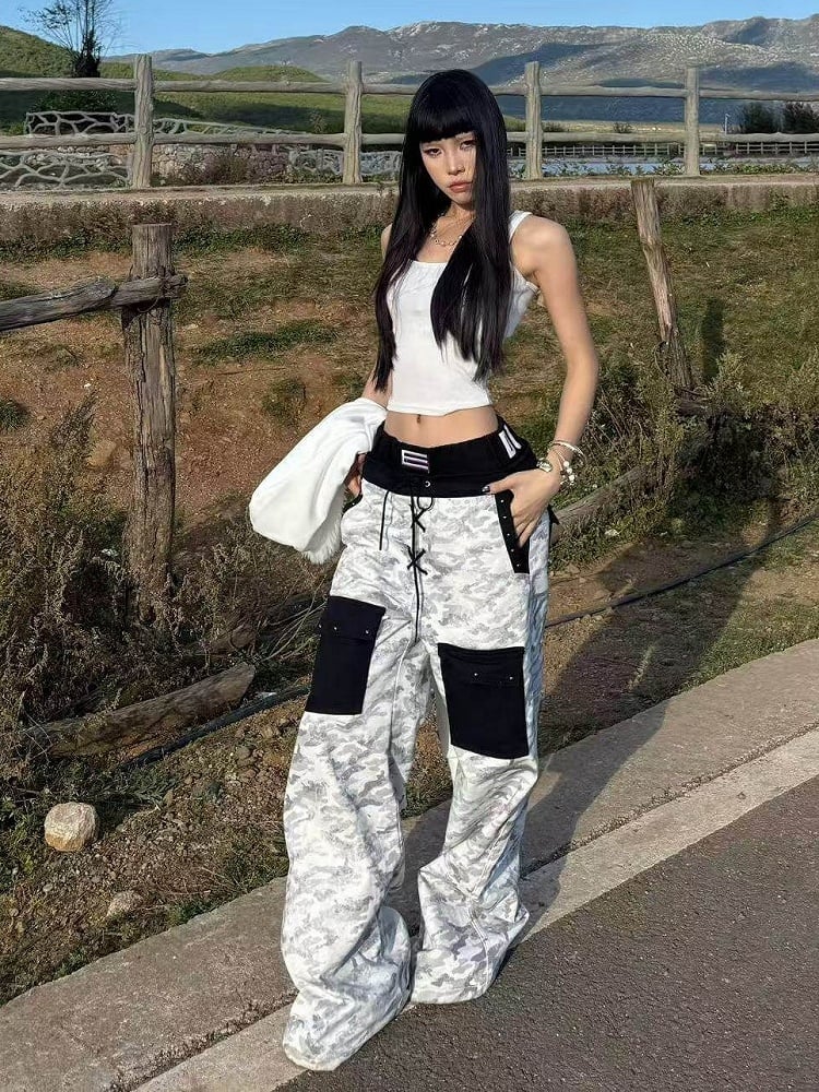 Camouflage Wide-Leg Pants with Double Waistband and Pockets - DETW OnLine