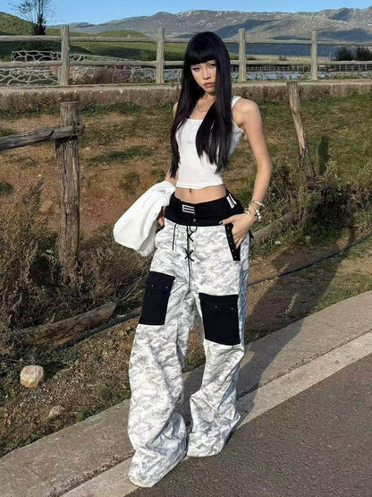 Camouflage Wide-Leg Pants with Double Waistband and Pockets - DETW OnLine