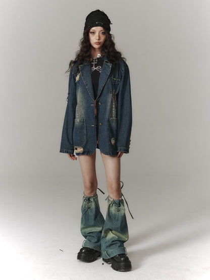 Blue Distressed Longline Vintage Fit Blazer Pockets with Denim 3D Hole Punk