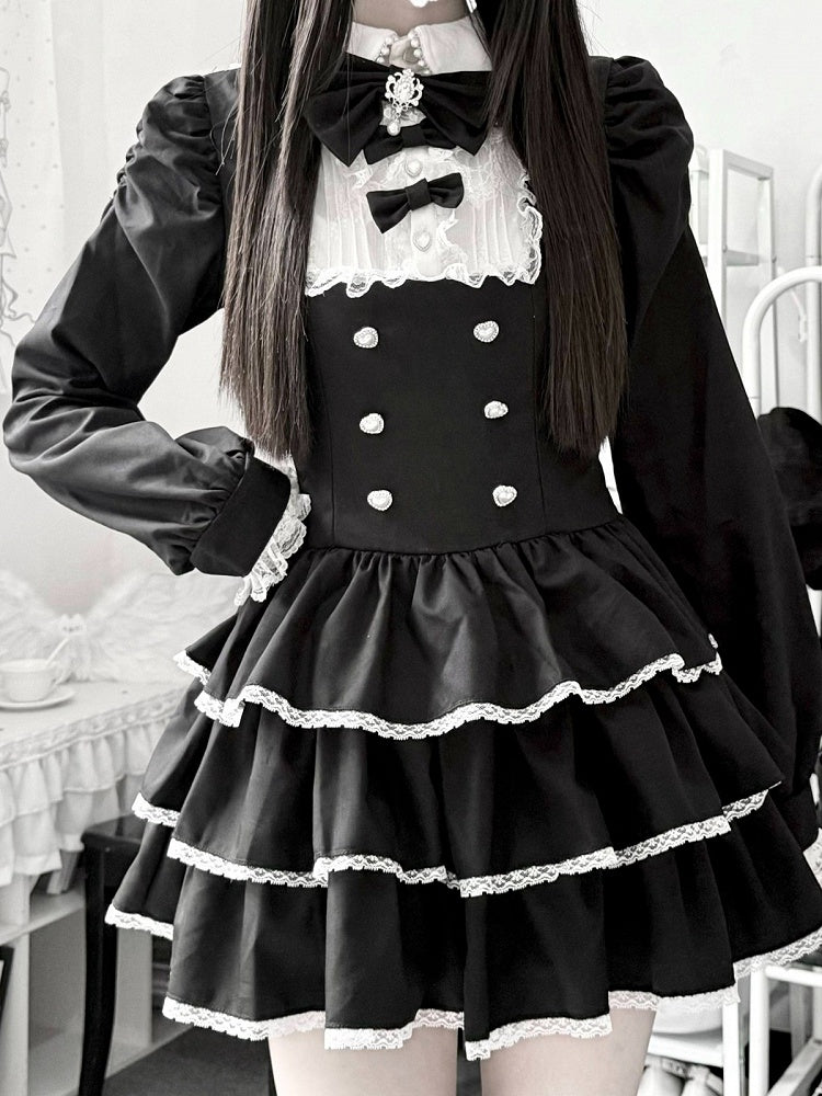 Black Jirai Kei Two-Piece Set with Tiered Ruffle Dress, Bows, Lace & Bloomers - Virtual Paradise