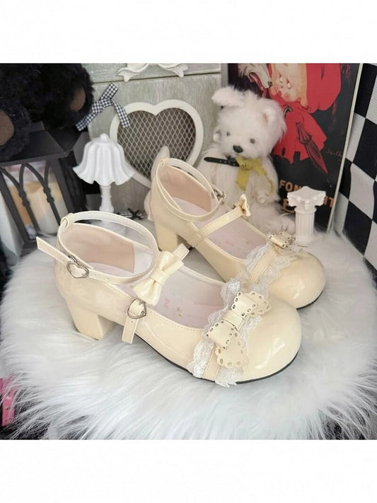 Yellow Mary Bow Sweetheart Butterfly with Straps Shoes Mid Ankle Toe Round Jane Heel