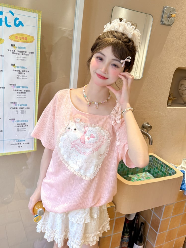 Sweet Cat Applique T-Shirt Pink Asymmetrical Neckline