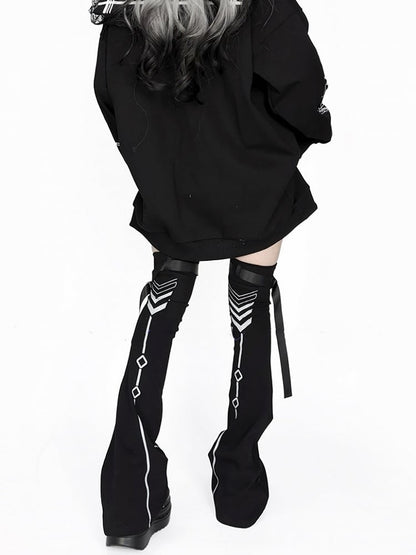 Reflective Leg Warmers Black Cyberpunk Design Techwear Flared Print