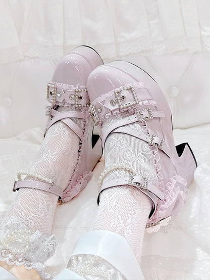 Pink - Beaded Block Platform Kei Polished Jirai Chain Heels High