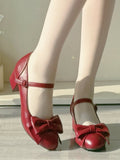 Elegant Wine Red Mid-heel Shoes for Lolita - PU Leather with Bow Details & Snap Design