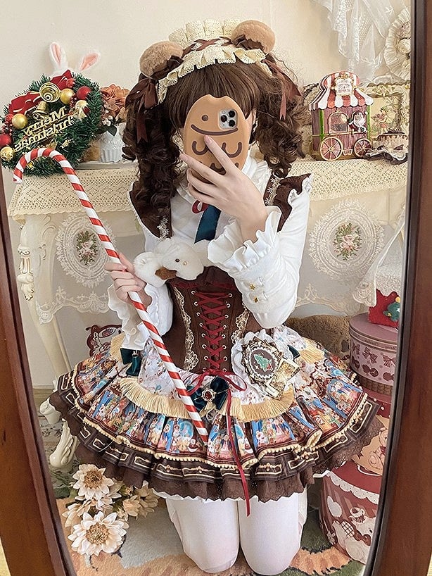 Brown Layered Boned Vibes Decorations Dress with Christmas Bow Lolita Waist Sweet Corset