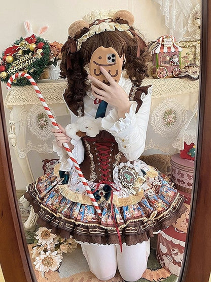 Brown Layered Boned Vibes Decorations Dress with Christmas Bow Lolita Waist Sweet Corset