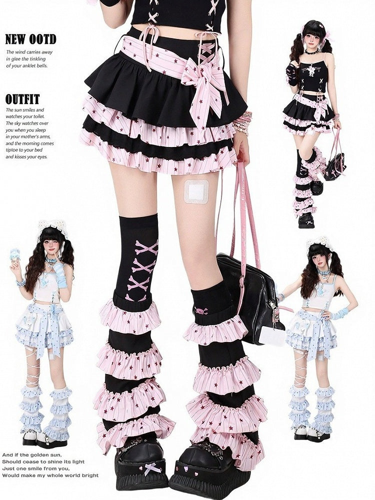 Sweet Edgy Kawaii White & Black Tiered Skirt with Star Print and Waist Tie + Matching Leg Warmers Set - CRAZY GIRL
