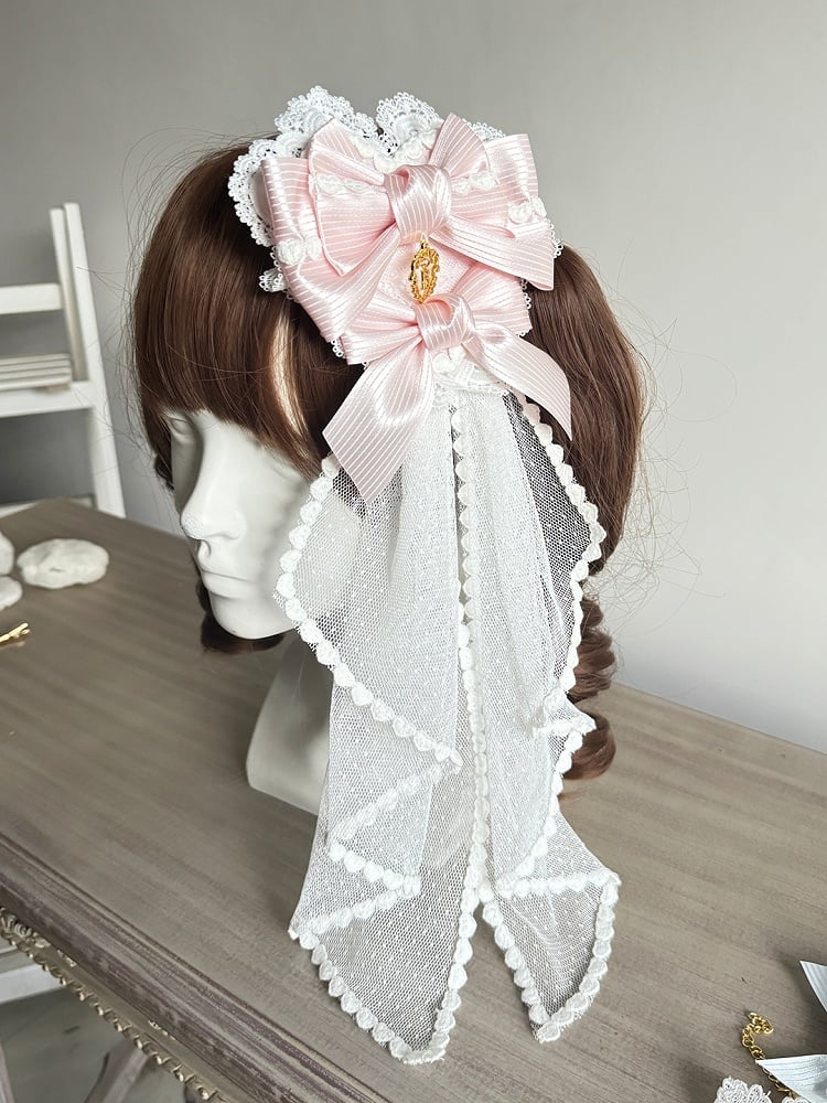 Striped Pink/Red/Blue Lolita Veil Charm and with Golden Hairclip Bow