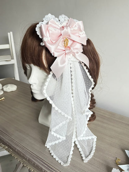 Striped Pink/Red/Blue Lolita Veil Charm and with Golden Hairclip Bow