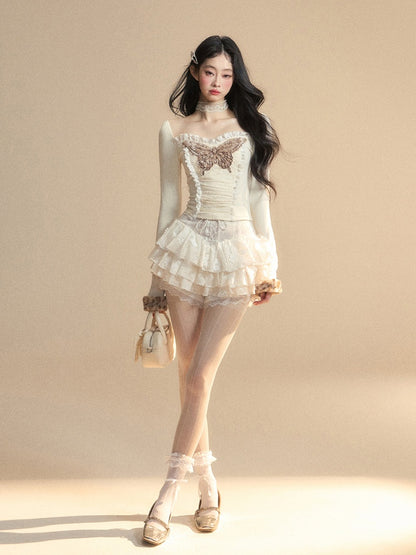 Aprikosenspitze Schmetterling bestickt Plüsch Manschette glamouröse Top gestrickte Trim