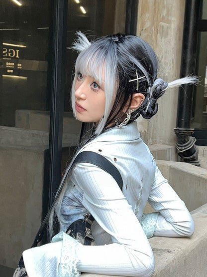 Ombre Bangs 68CM With Wig Air Silver And Black Straight