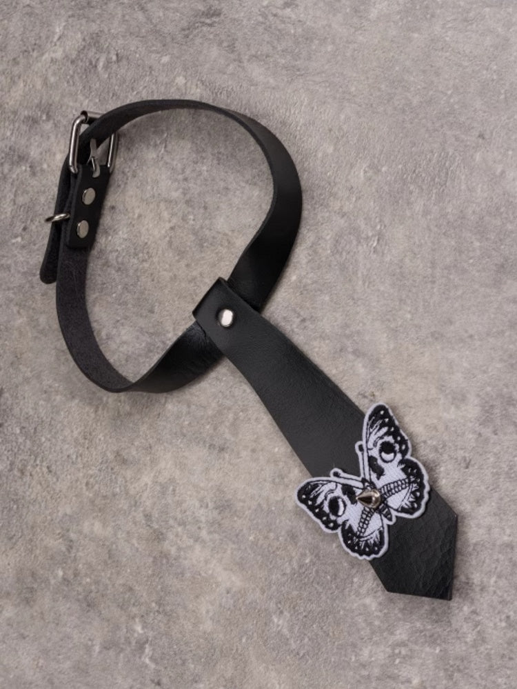 Applique Decorated Choker PU Tie Gothic Butterfly Studs Black