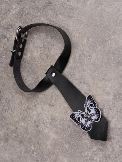 Applique Decorated Choker PU Tie Gothic Butterfly Studs Black