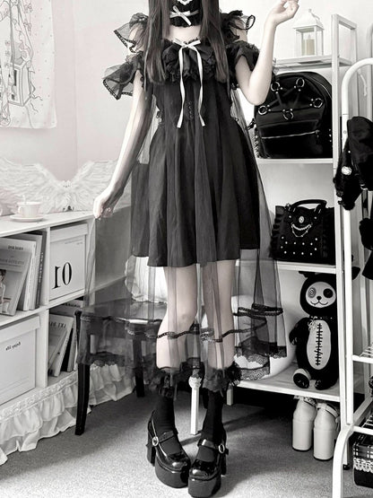 Jirai Kei Black Lace Cami Dress with Tulle Overlay Set - Pink Rabbit