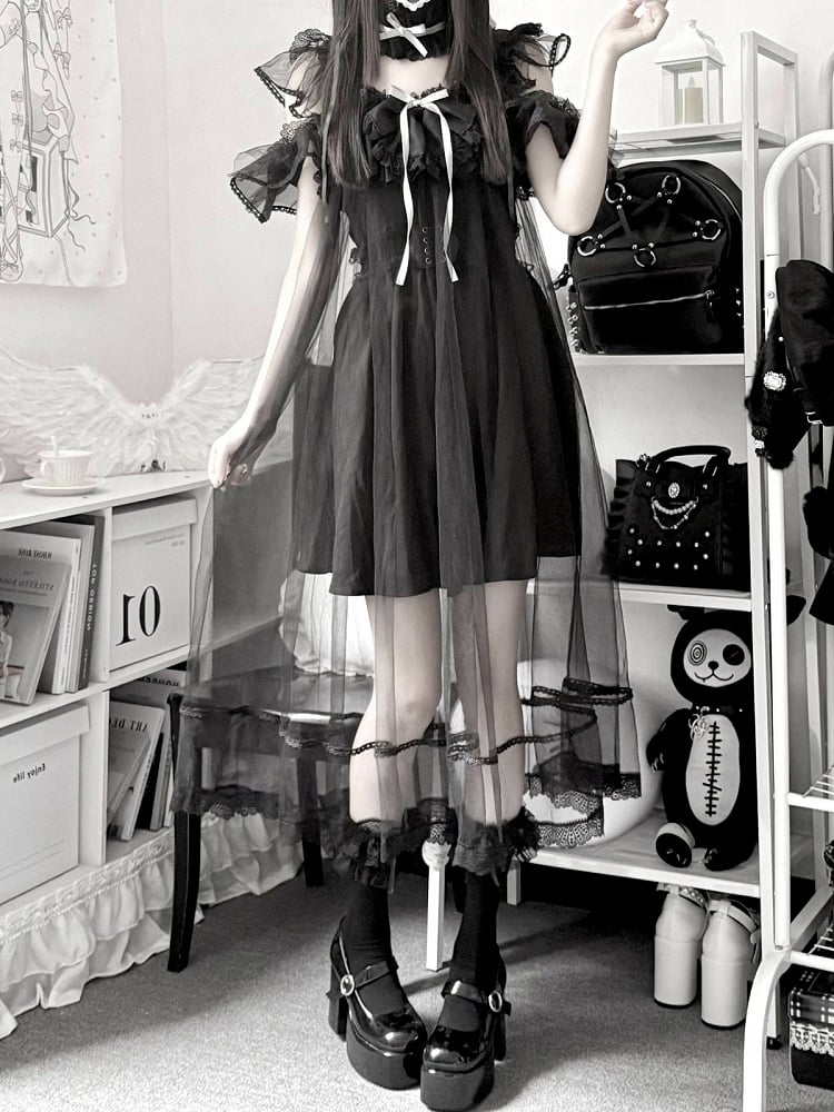 Black Lace Trim Slip Dress with Sheer Layer - Pink Rabbit