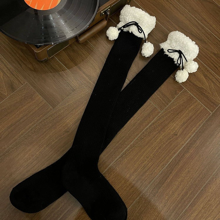 Stockings Ribbed with Pom-Poms Sherpa 5-Color Cuff