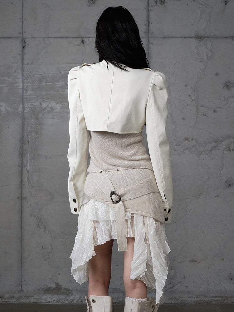 Buckled Punk Straps Crop Jacket with Collar Stand Beige Knight-Style