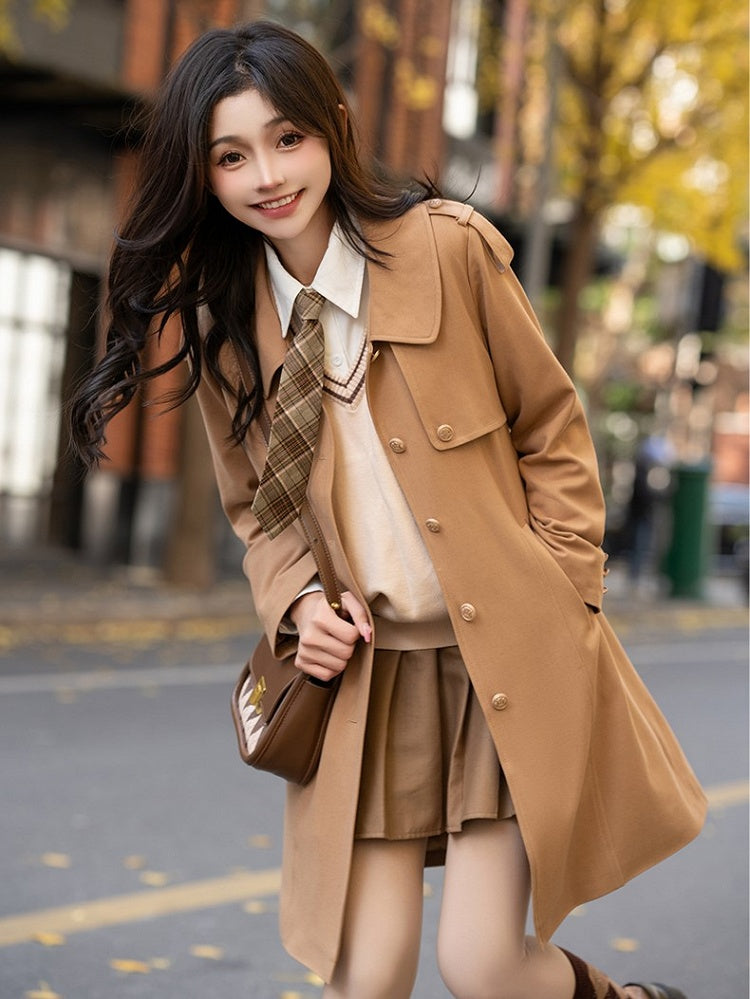 with Front Longline Beige/Khaki/Black Coat Placket Button
