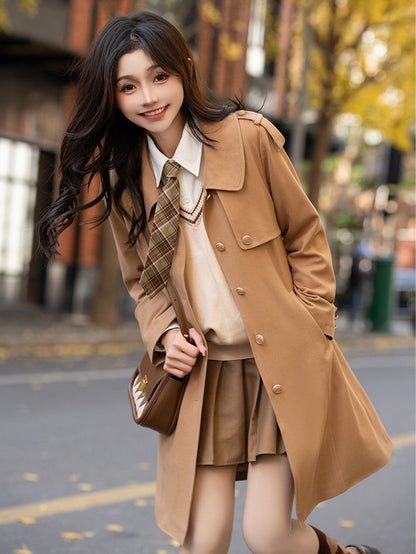 with Front Longline Beige/Khaki/Black Coat Placket Button