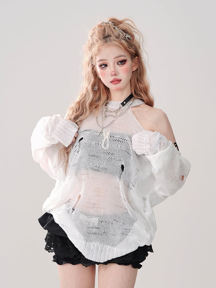 White Halter Neck Hollow-Out Knit Top with Cutout Shoulders