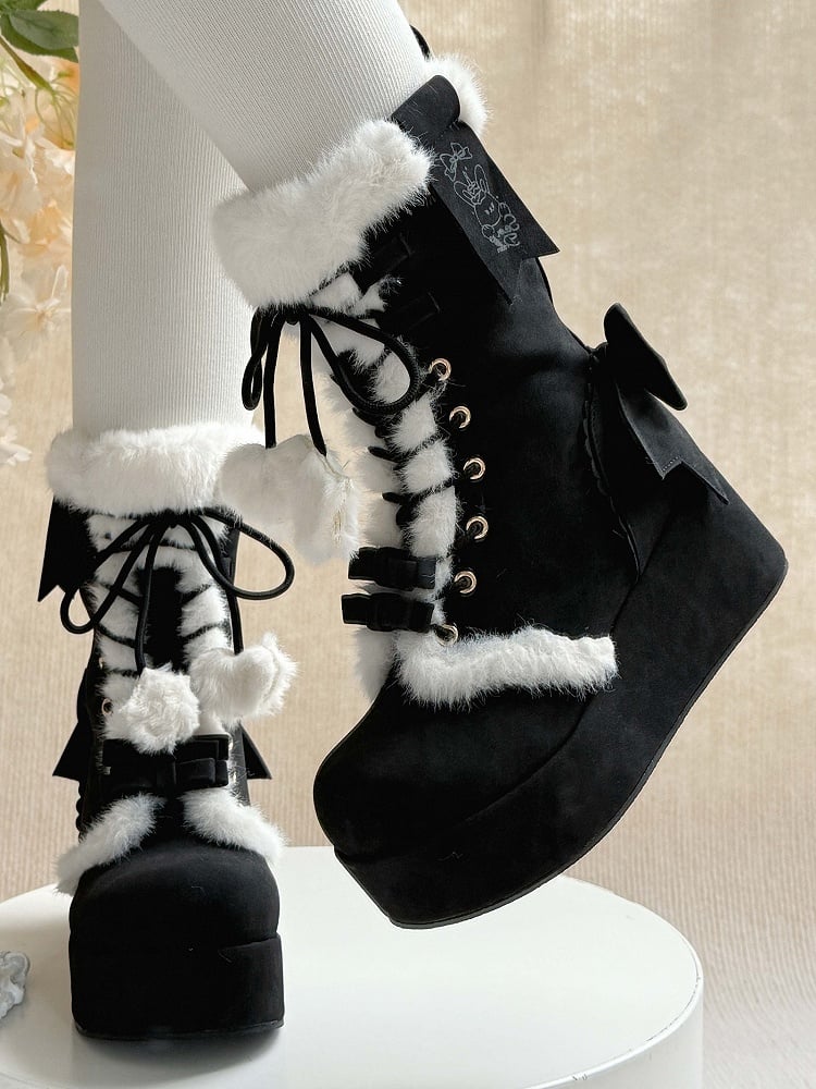 Lined in Sweet 4cm Black Romantic Lolita Boots Plush Bow Accents Platform
