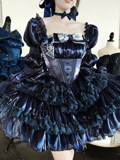 Tiered Dark Princess Accents Dress Blue with Balletcore Lace Basque Waist