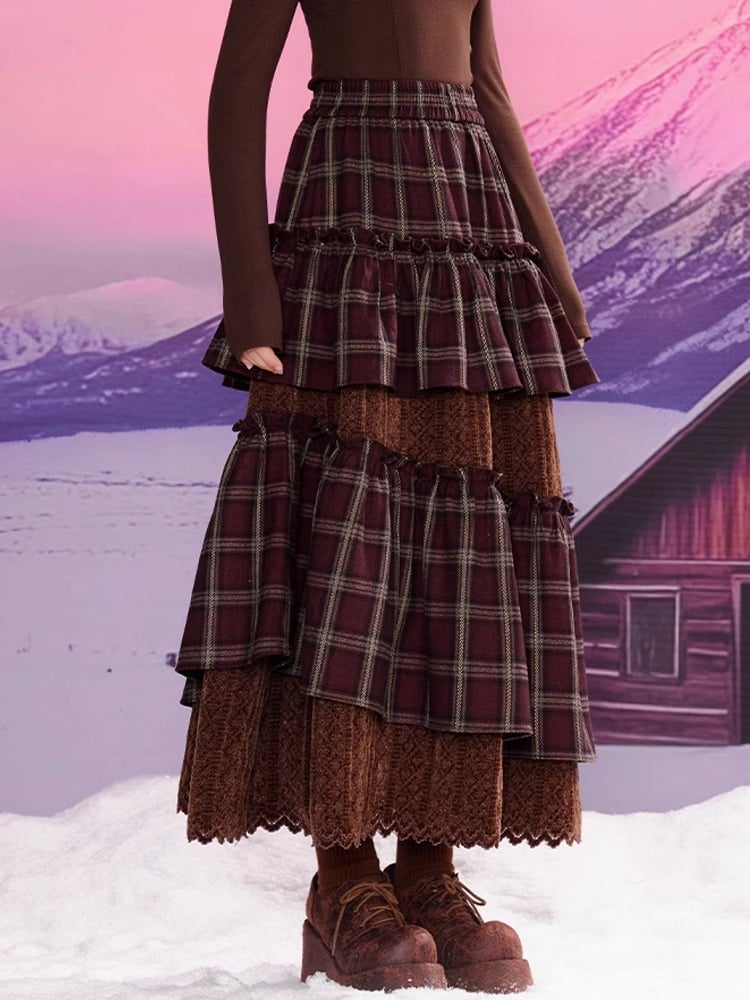 Brown Plaid Patchwork Flounce Hem Lace Skirt